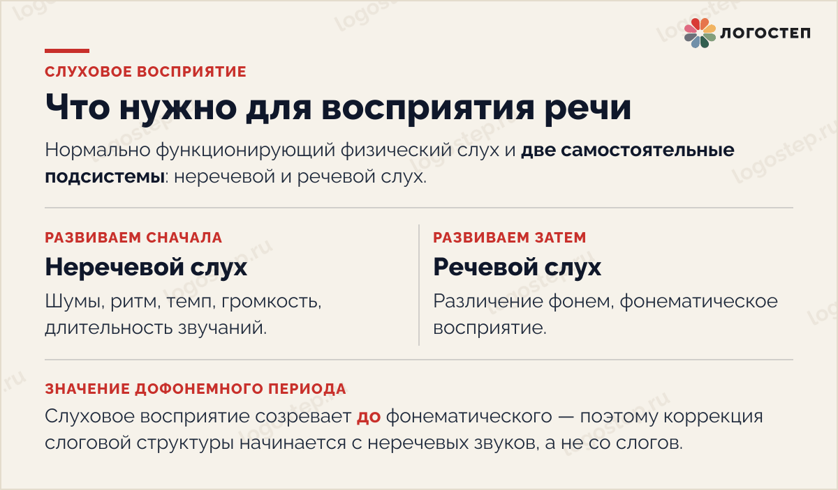 Что нужно для восприятия речи: физический слух и две самостоятельные подсистемы — неречевой и речевой слух, по Т.А. Ткаченко